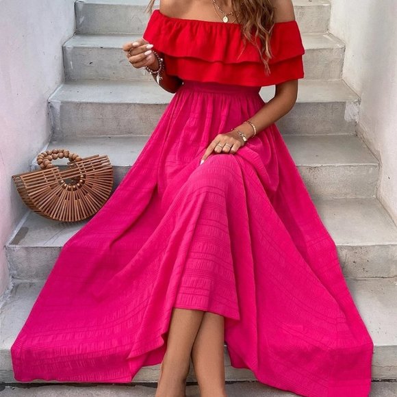 . Dresses & Skirts - Red Preppy Womens Off Shoulder Ruffle Trim Dress